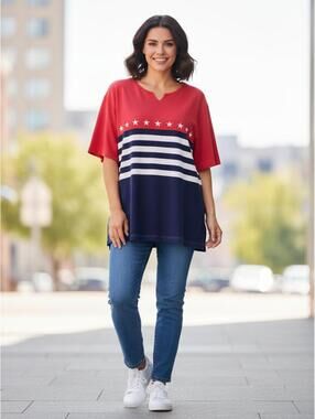 BECHAMEL Women's Colorblock Star Stripe T-Shirt Red Navy White Size L
